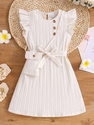 AliExpress Cross-border Supplier Summer New Sweet Girls' Dress Solid Color Bow Belt + Bag