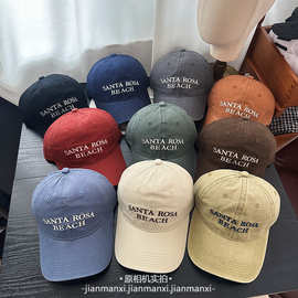 美式复古字母拼色刺绣棒球帽子男女水洗做旧情侣宽檐显脸小鸭舌帽