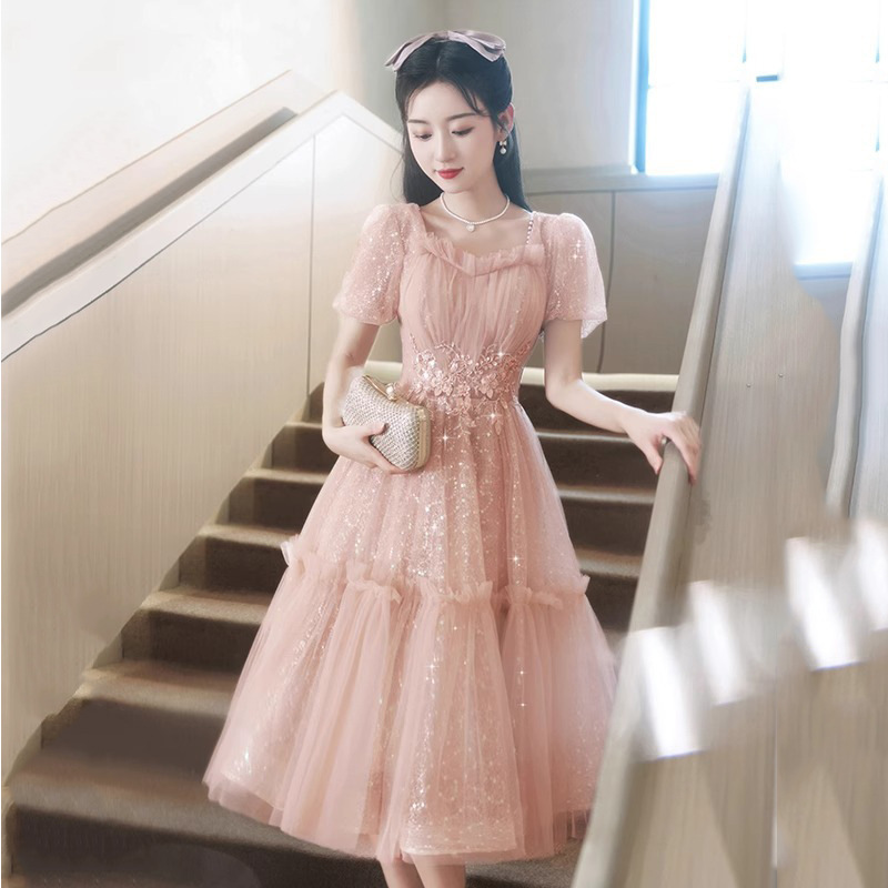 Pink Toast Dress for Petite Brides, High-End Engagement, Birthday, Wedding, Banquet, Art Exam Evening Gown for Women, Summer Pink Toast Dress for Petite Brides, High-End Engagement, Birthday, Wedding, Banquet, Art Exam Evening Gown for Women, Summer