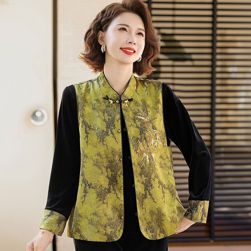 妈妈秋装新中式套装阔太太国风马甲上衣中老年女装气质丝绒三件套|undefined