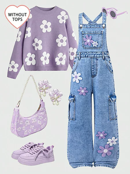 Cross-Border Exclusive Supply for Amazon: American-Style Floral Embroidered Denim Overalls for Girls, Loose Casual Personality Jumpsuit Pants