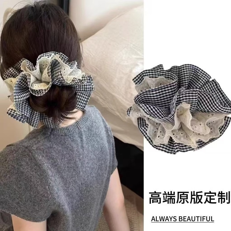 フレンチレトロな二層チェック柄レースの大きなヘアゴム、文学少女カレッジスタイルのヘアロープポニーテールヘッドロープ|undefined