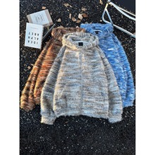 秋冬国潮牌情侣美拉德油画渐变条纹毛衣男女宽松开衫外套潮针织衫