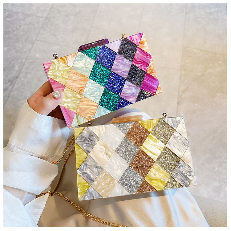 New cross-border foreign trade women's checkered acrylic bag, dinner bag, single-shoulder crossbody wedding and banquet clutch bag undefined