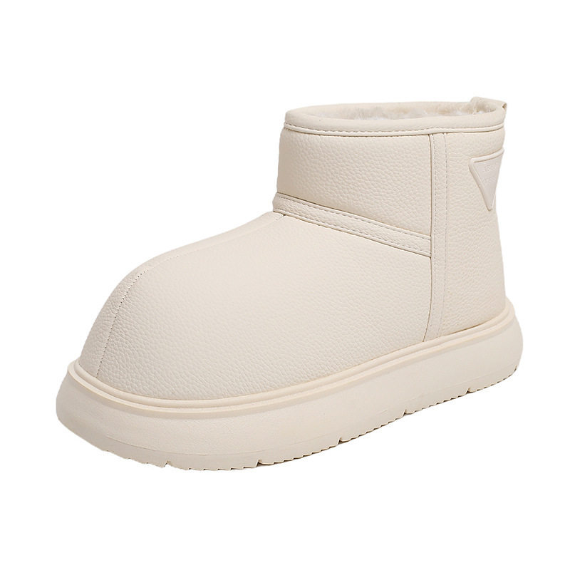 Bốt đi tuyết nữ da lì lót lông giữ ấm, đế cao 3-5 cm — màu đen