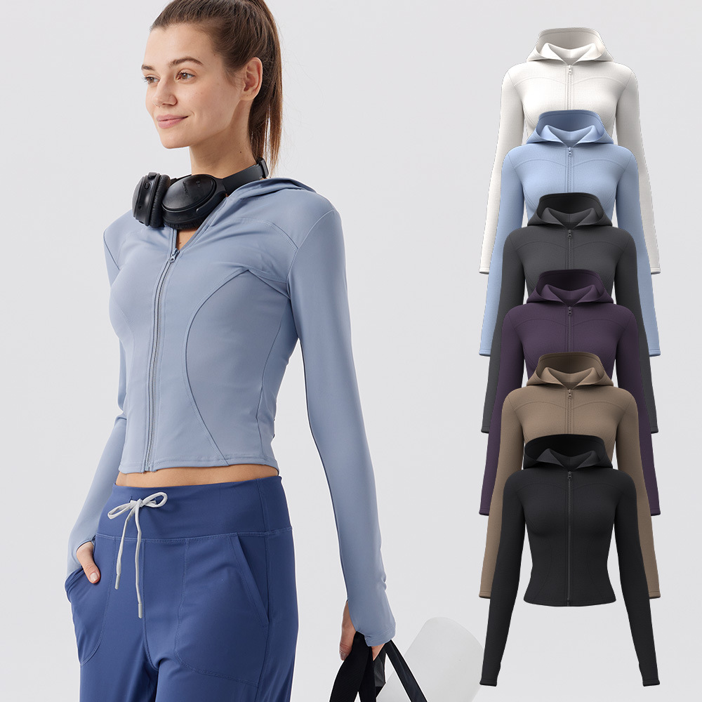 Ropa de yoga con capucha para mujer, ajuste ajustado, cintura delgada, camisa deportiva, entrenamiento para correr, chaqueta de fitness Pilates, ropa de ciclismo