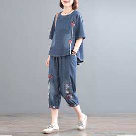 水洗薄牛仔套装女2026夏新款韩版宽松拼接印花复古遮肉洋气两件套