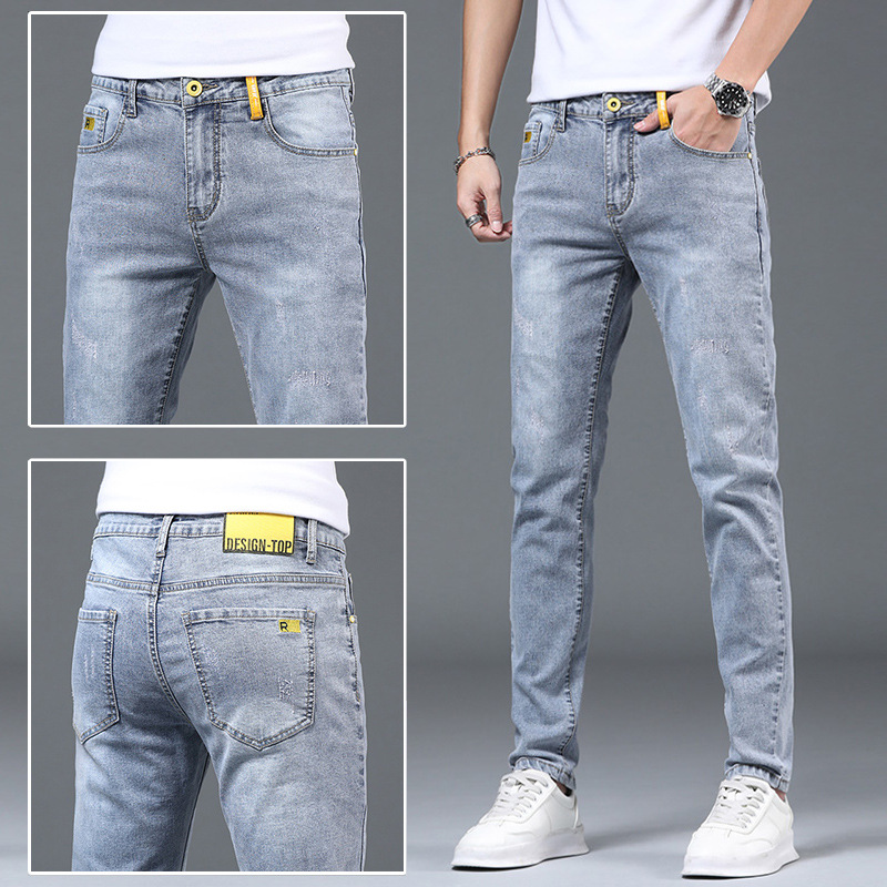 Jeans homme slim fit petits pieds 2024 printemps et automne style fin tendance polyvalent élastique lavé décontracté jambe droite longue_voghion.com