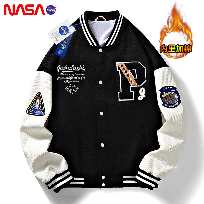 Nasa Collaboration Men's Baseball Jacket Woolen Towel Embroidered Baseball Collar Jacket Trendy Autumn Couple Coat Plus Size