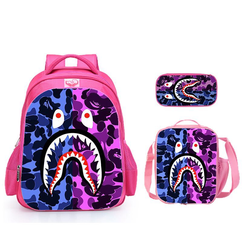 Dreamy Camouflage Color-Blocking Shark Mouth School Bag, Lunch Bag, Pencil Case Three-Piece Set, Student Large-Capacity Trendy Backpack Set Dreamy Camouflage Color-Blocking Shark Mouth School Bag, Lunch Bag, Pencil Case Three-Piece Set, Student Large-Capacity Trendy Backpack Set