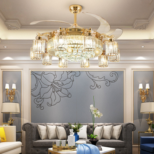 European crystal invisible fan lamp living room chandelier home smart bedroom restaurant ceiling fan lamp Nordic simple lamps