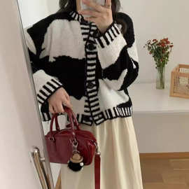 毛衣针织开衫女新款秋季宽松版外套上衣女黑白奶牛圈圈外穿外套女