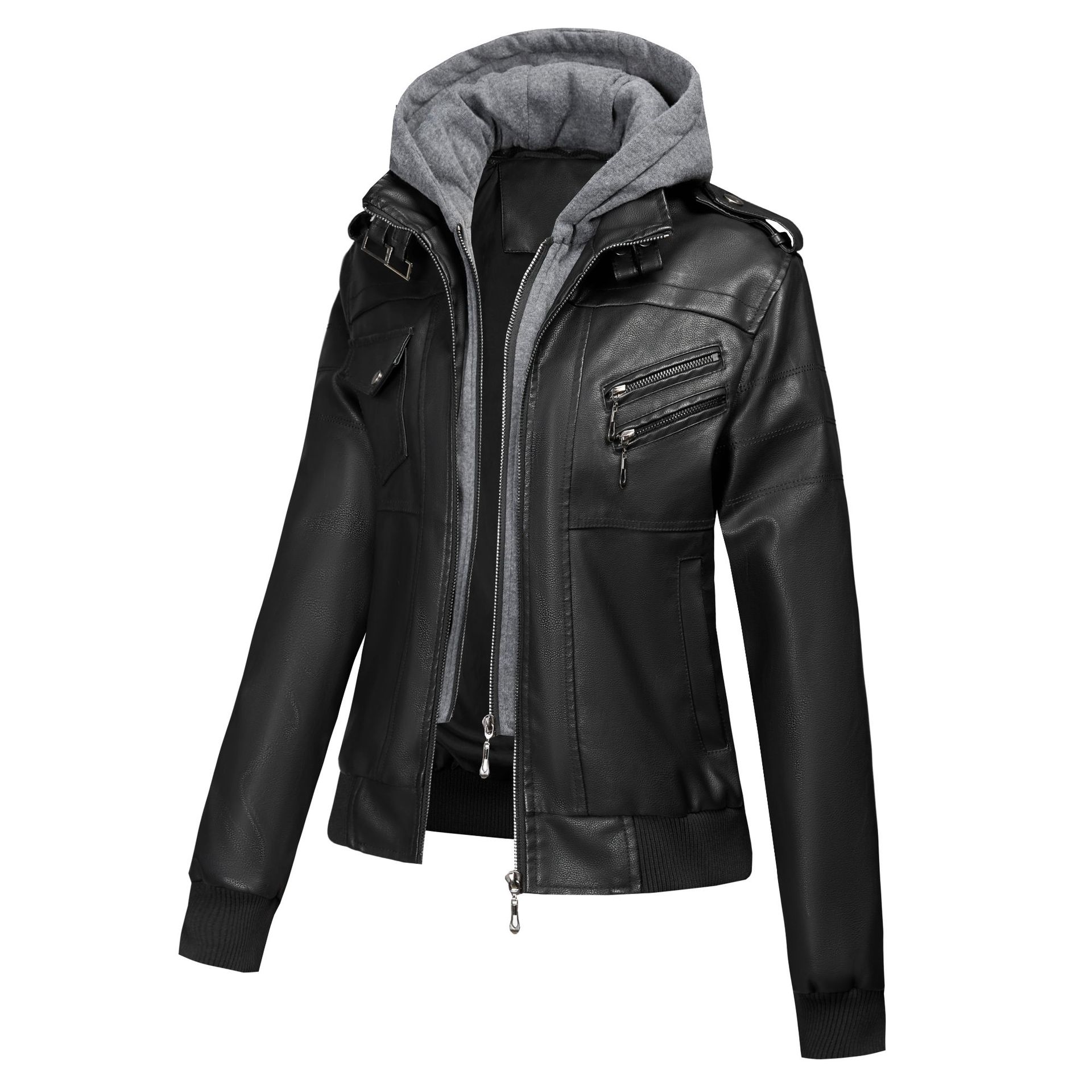 Cross-Border Hooded Pu Leather Jacket for Women, Foreign Trade Jacket, Autumn Plus-Size Women's Faux Leather Biker Jacket, American Style