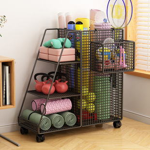 Yoga Mat Storage Basket, Sports and Fitness Equipment Storage Rack, Iron Trolley Storage Rack, Badminton Storage Rack with Wheels for Home Use