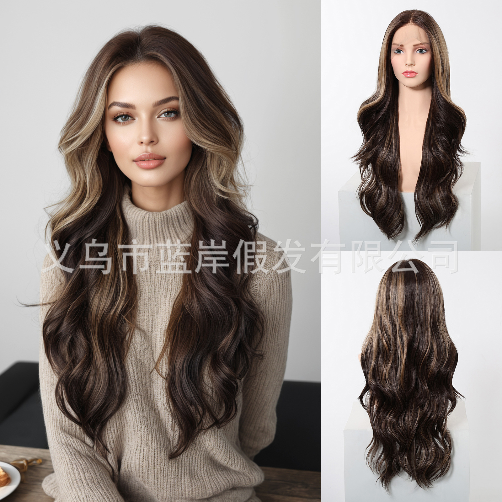 13 * 6 gran área de encaje libre de costura gradiente gris oscuro cuero cabelludo realista cabello largo rizado encaje cubierta de cabeza