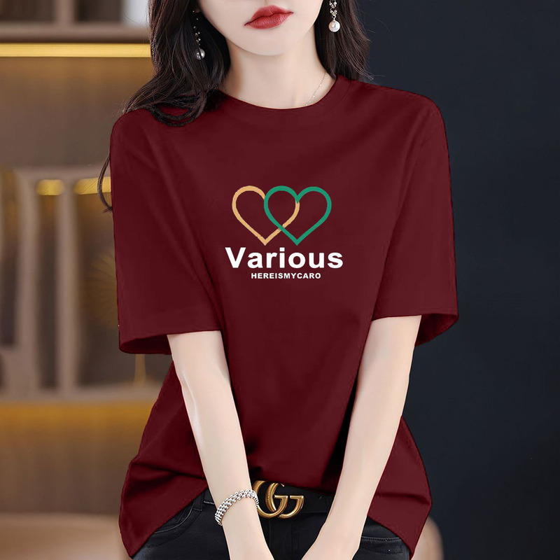 2026 Summer New Style Burgundy Short-Sleeved T-Shirt for Women with Niche Design, 100% Pure Cotton Printed Slimming Top for Summer