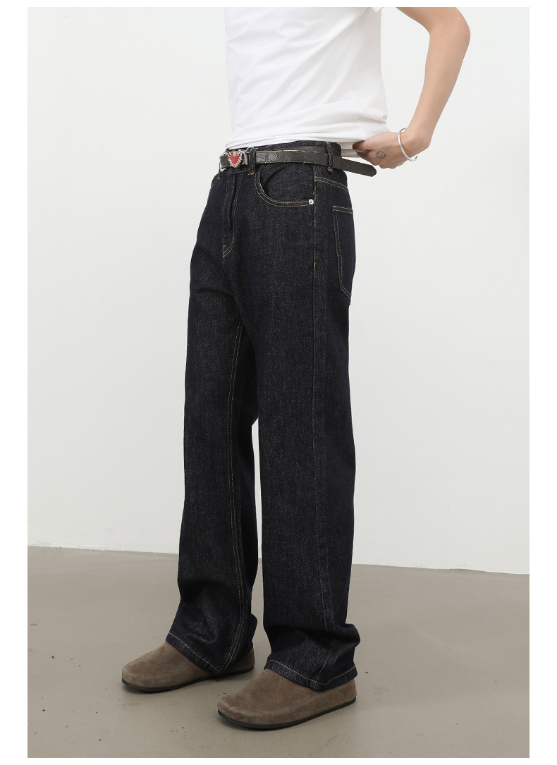 Nirben Denim High Volume Colorfast Raw Denim Jeans For Men Slightly Flared Loose Fit Black Blue_viptrois.com