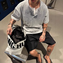 夏季新款重磅260克双纱棉亨利领假两件短袖T恤衫男半袖时尚纯色潮