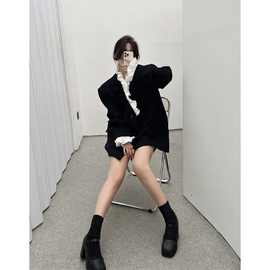 韩系设计感西装外套女春季新款黑色拼接荷叶气质时尚西服