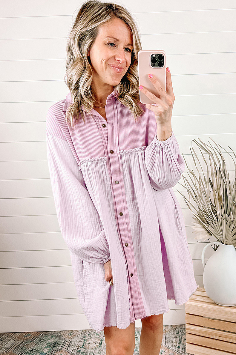 Early Autumn Thin Type Patchwork Pleated Long Sleeve Dress Women Casual High Waist Knee Length Short Dress Women