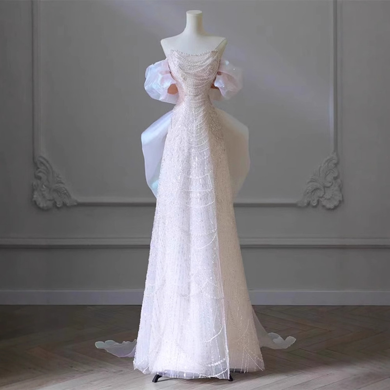 Evening Dress Women's 2025 New High-end Sense Heavy Industry Light Luxury off-shoulder Light Wedding Dress Welcome Out Engagement Dress