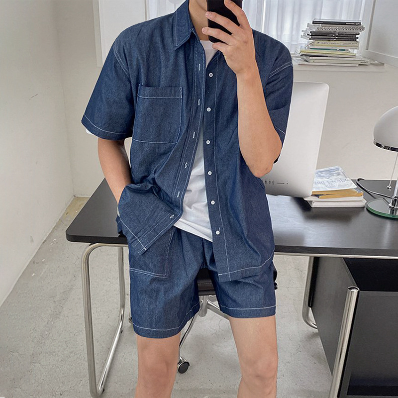 Men's summer shirt, retro denim skirt, set, with short sleeve, Korean style 3