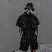 夏季潮牌工装短袖短裤连体衣裤男士发型师日系复古宽松休闲套装衣