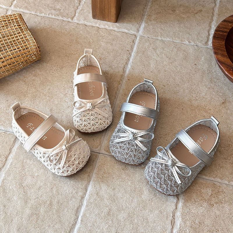 Mary Janes für Mädchen mit durchbrochenem Strickmuster, weicher Sohle, Schleifendekor, Ballerinas im Prinzessinnenstil mit Klettverschluss_voghion.com