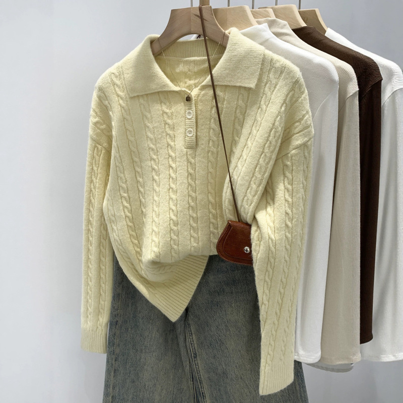 Herringbone pattern, beige, polo collar, long-sleeved knit sweater, versatile base layer, early autumn top, women's clothing