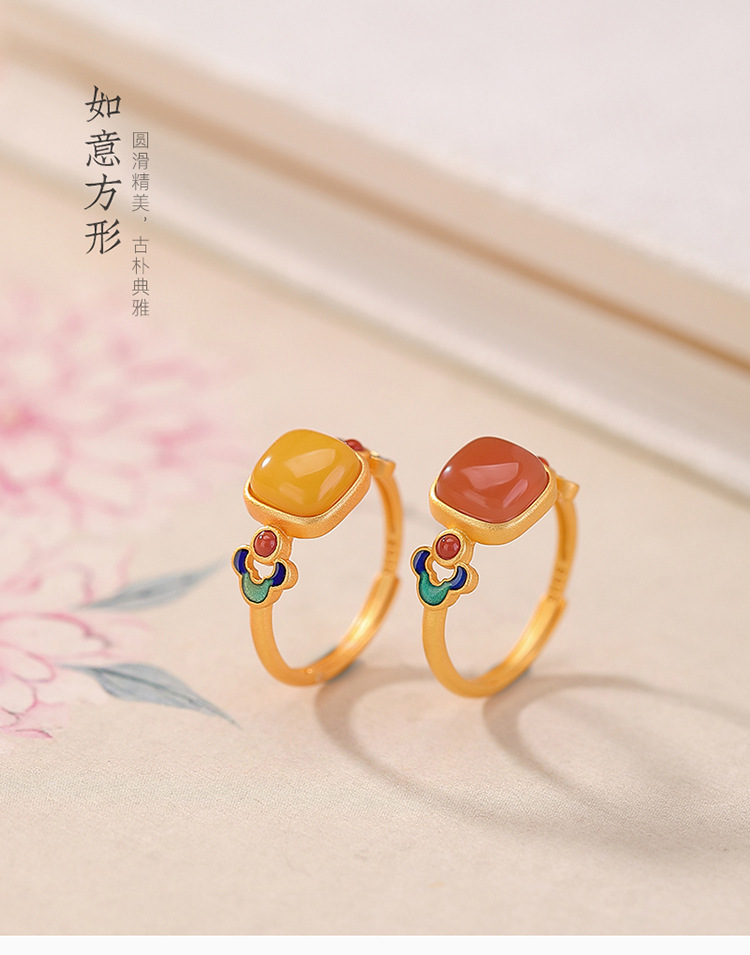 Nhẫn bạc S925 mạ vàng mặt vuông phong cách cổ điển họa tiết men lam — Màu hổ phách chi tiết 2