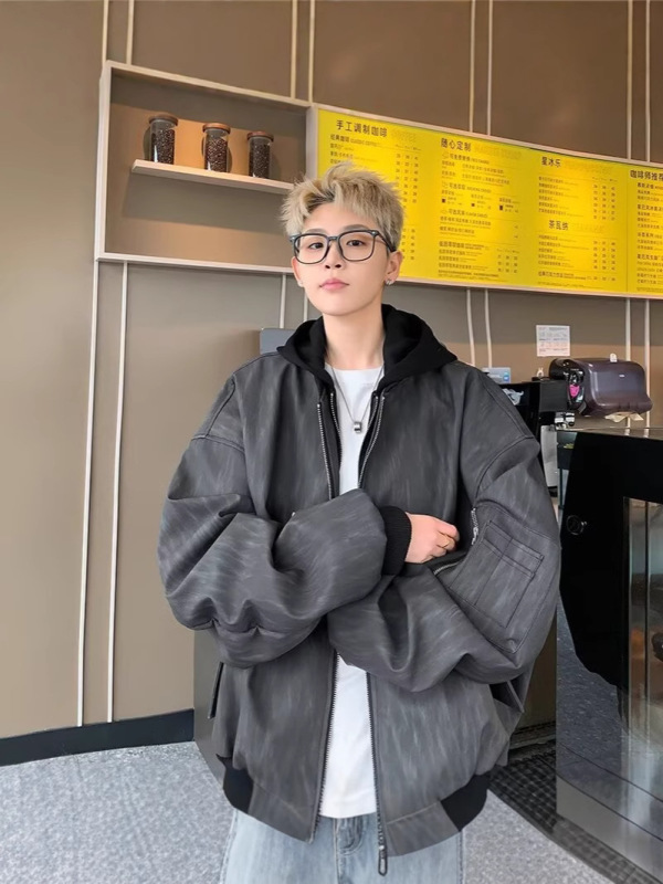 美式假两件外套男春秋季潮牌PU皮百搭纹理夹克复古高街痞帅上衣|undefined