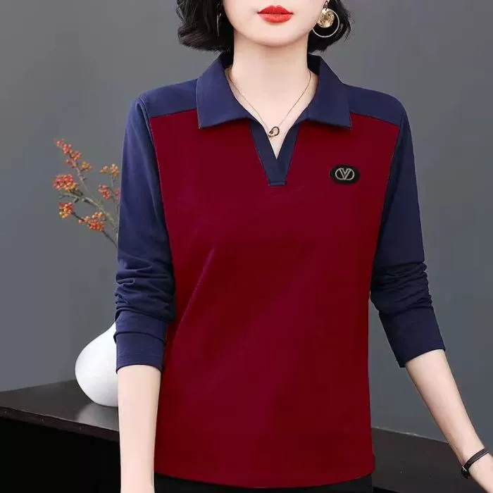 Весна и осень новая футболка с длинными рукавами женская рубашка поло с отворотом