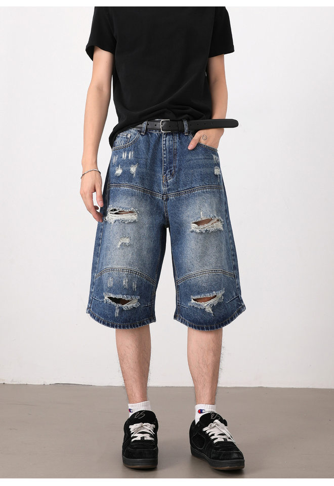 Quần short jean nam dáng rộng phong cách retro, rách giặt mài, lửng ống đứng — Màu xanh dương chi tiết 17