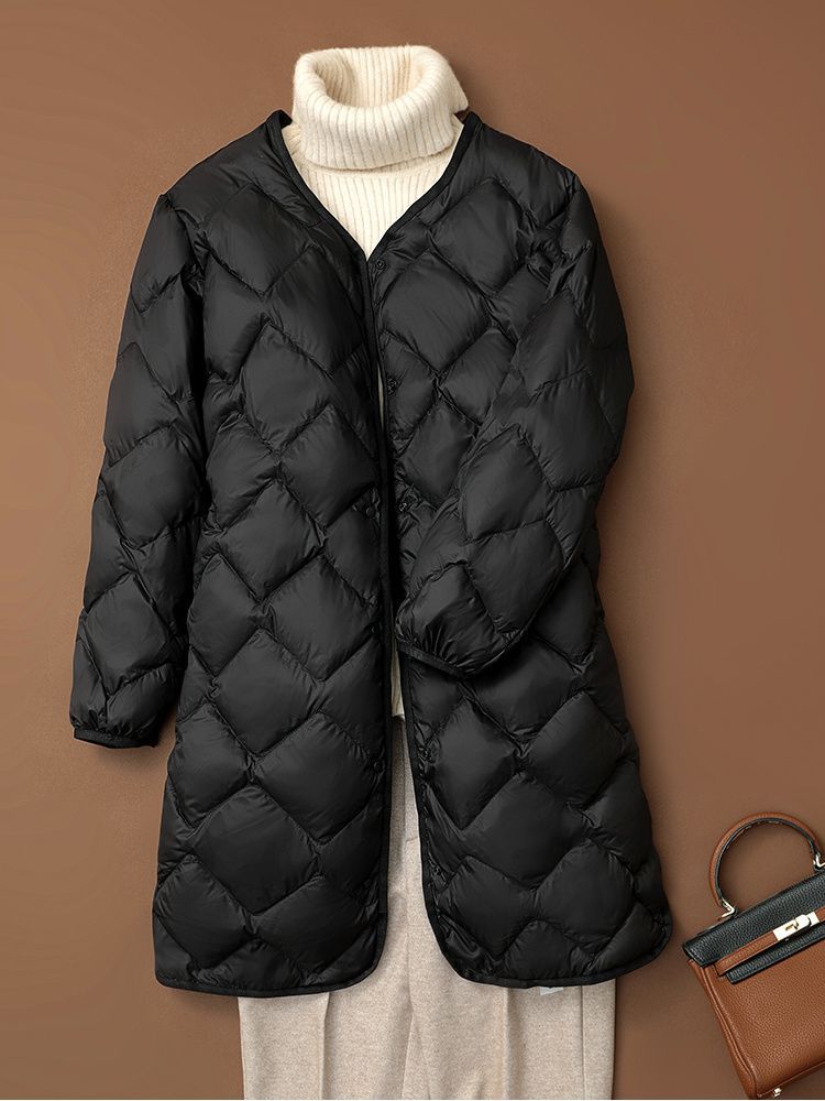 Nuevo otoño y invierno plumón chaqueta de mujer ligera media larga V-cuello redondo cuello interior de la chaqueta de abrigo