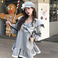甜美学院风花边拼接绑带卫衣连衣裙秋季新款少女宽松显瘦A字短裙