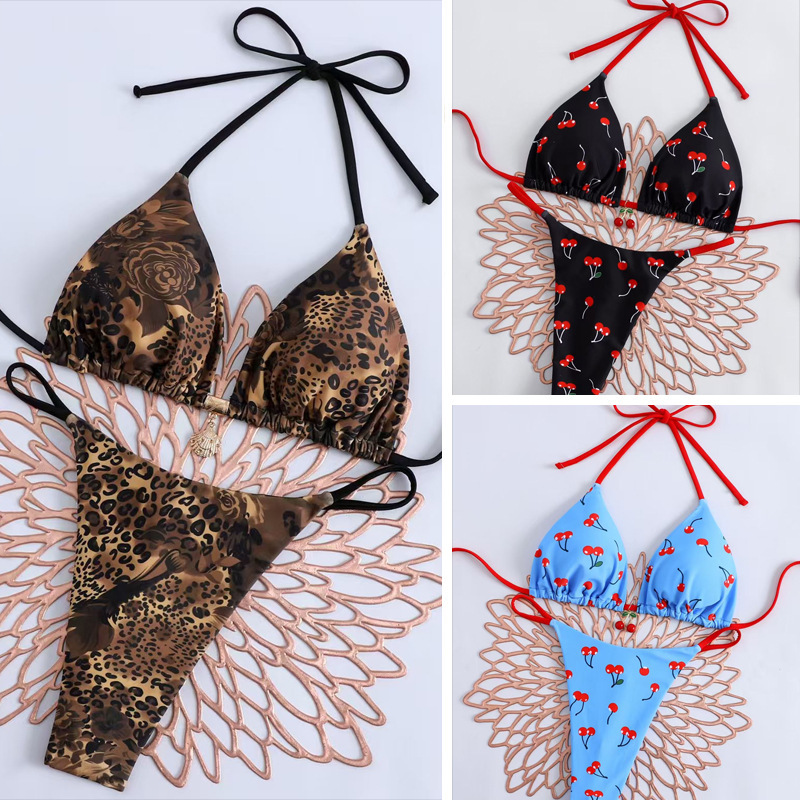 European and American Cross-Border Swimwear, Sexy Thong Bikini, Three-Point Style with Drawstrings, Cherry Print, Fresh and Cute