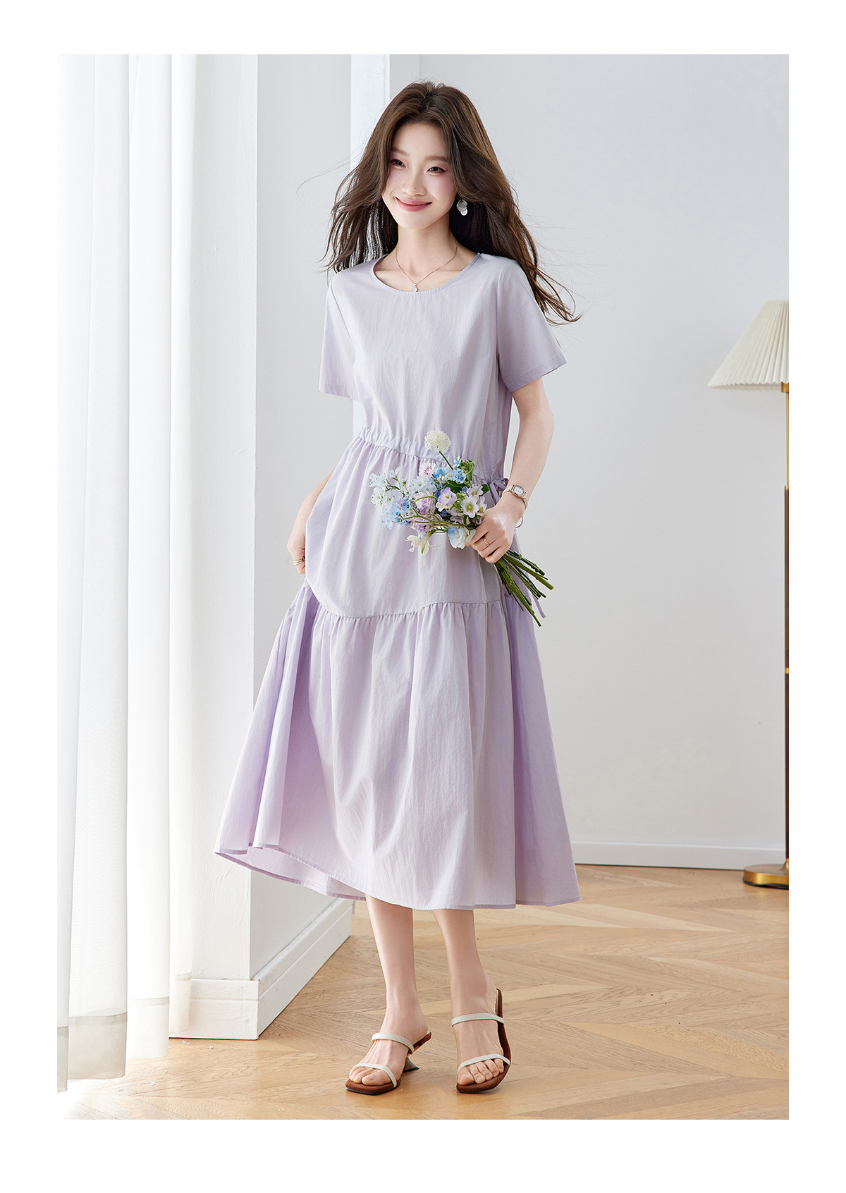 Đầm maxi nữ thắt eo dáng suông rút dây A-line tay ngắn JY2619 — màu tím nhạt, Vàng nhạt chi tiết 19