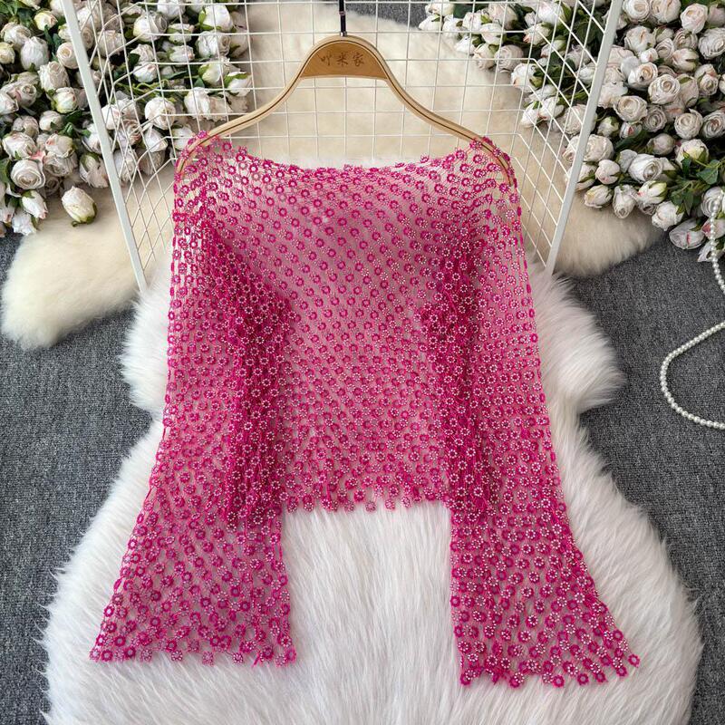 Foreign Trade European and American Style Large Mesh New Product Cut Out Long-Sleeved Blouse Short Full Diamond Flower Slimming Look Street Dance Top