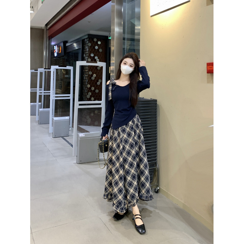 大码女装早秋新款不规则斜肩长袖上衣格纹半身裙女套装|undefined