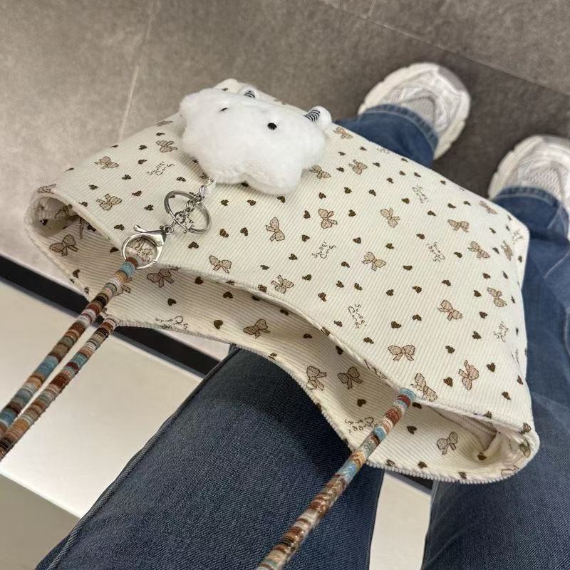 Love Heart Bow Embroidery Bag Women's Large Capacity Shoulder Tote Bag Colorful Woven Commuting Handbag