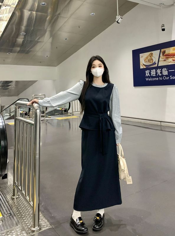 大码设计感撞色新中式套装裙子秋冬胖mm休闲通勤上衣半身裙两件套|undefined