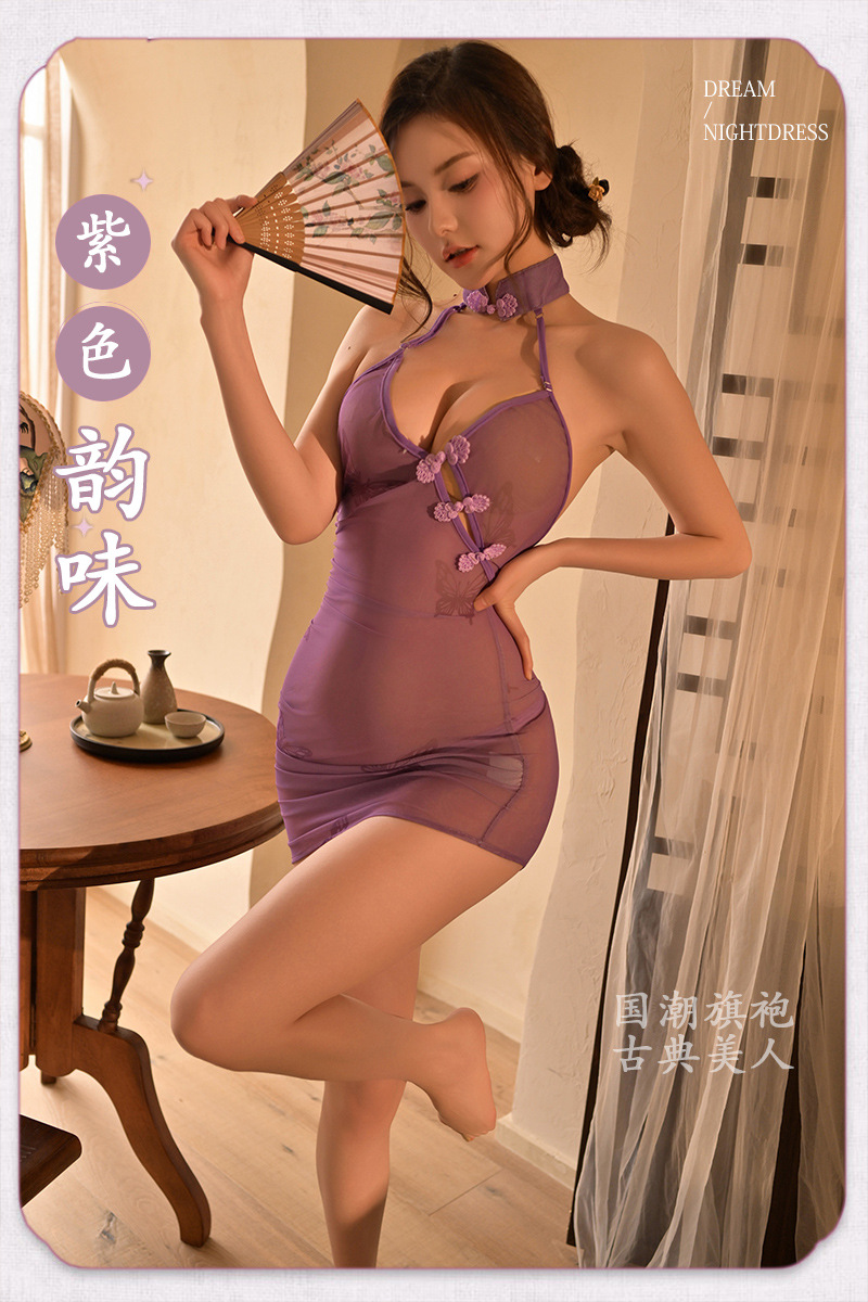 Purple Sheer Mesh Cheongsam-Style Lingerie Set with Mini Skirt, Shorts and Fishnet Stockings — detail image 6