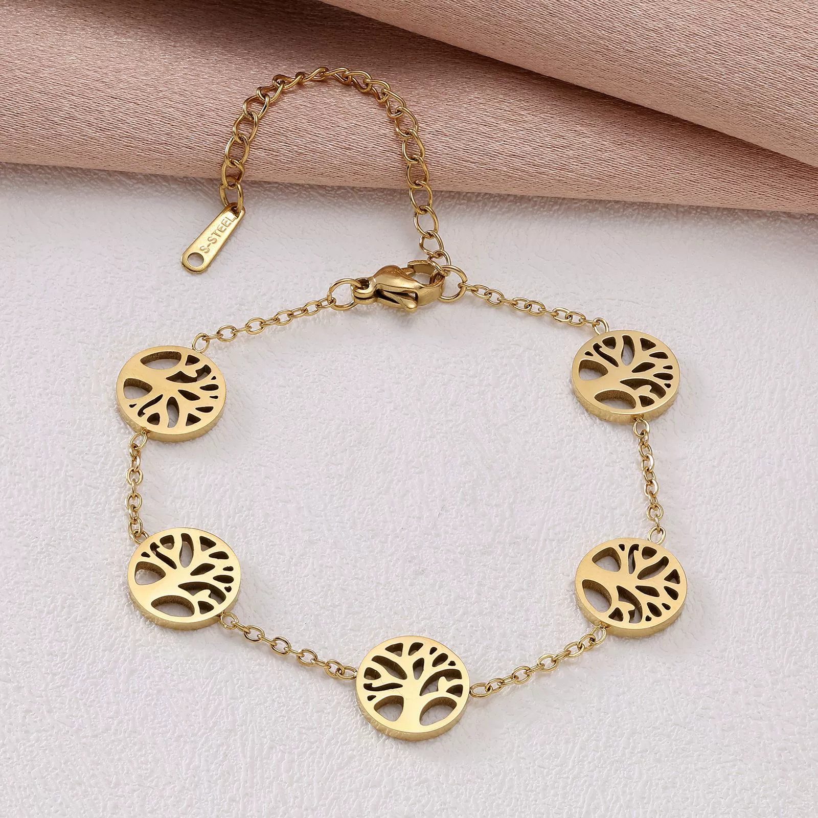 Bracelet stainless steel, necklace, chain, set, 18 carat white gold, golden color