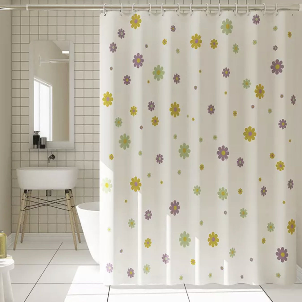 Bathroom Curtain Fabric Door Curtain Fabric Waterproof Thickened Partition Curtain No-Drill Retractable Shower Curtain Rod Set