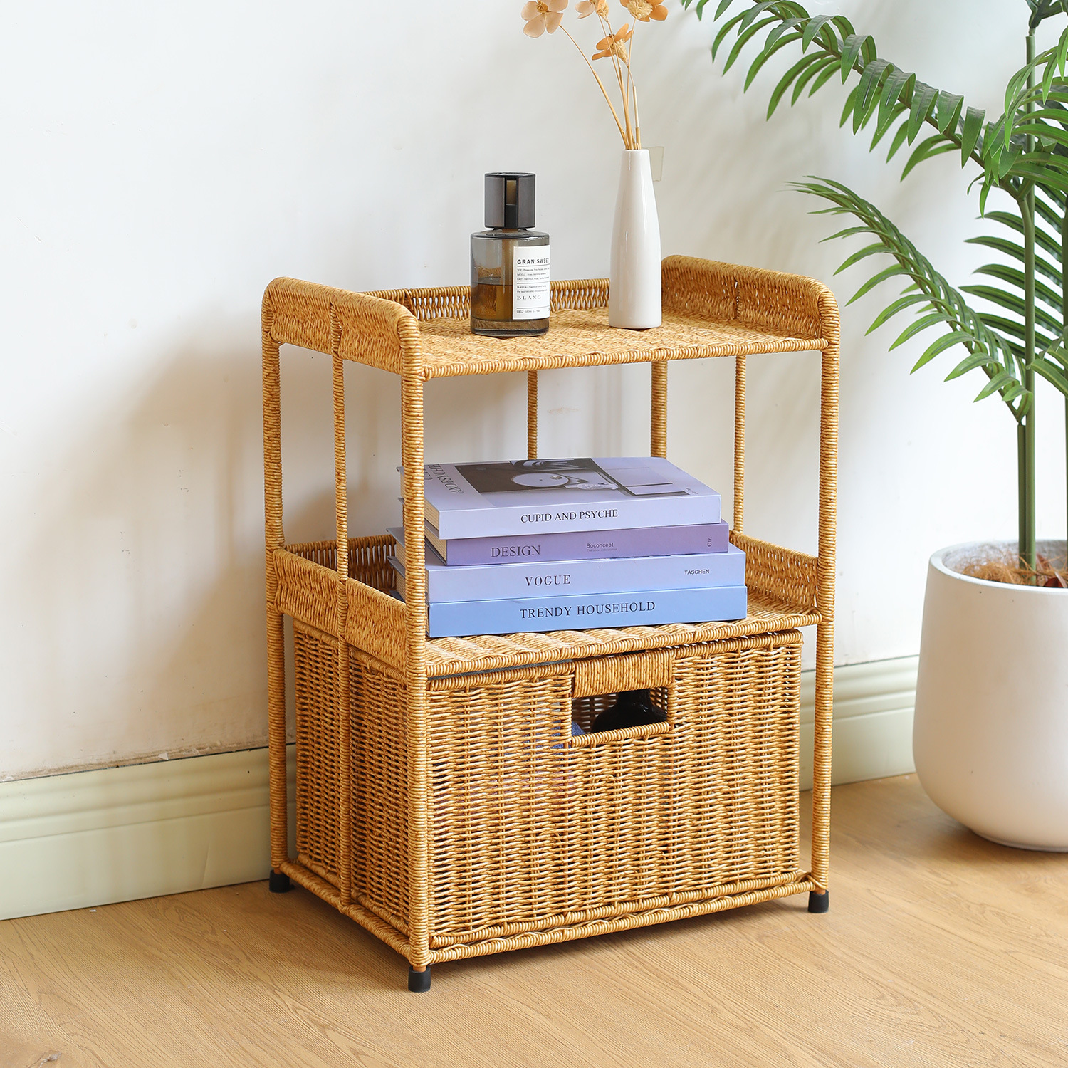 Gabinete de cabecera multicapa doméstico de imitación dormitorio gabinete de lado de la cama sala de estar almacenamiento de almacenamiento de almacenamiento de acabado de estante de almacenamiento