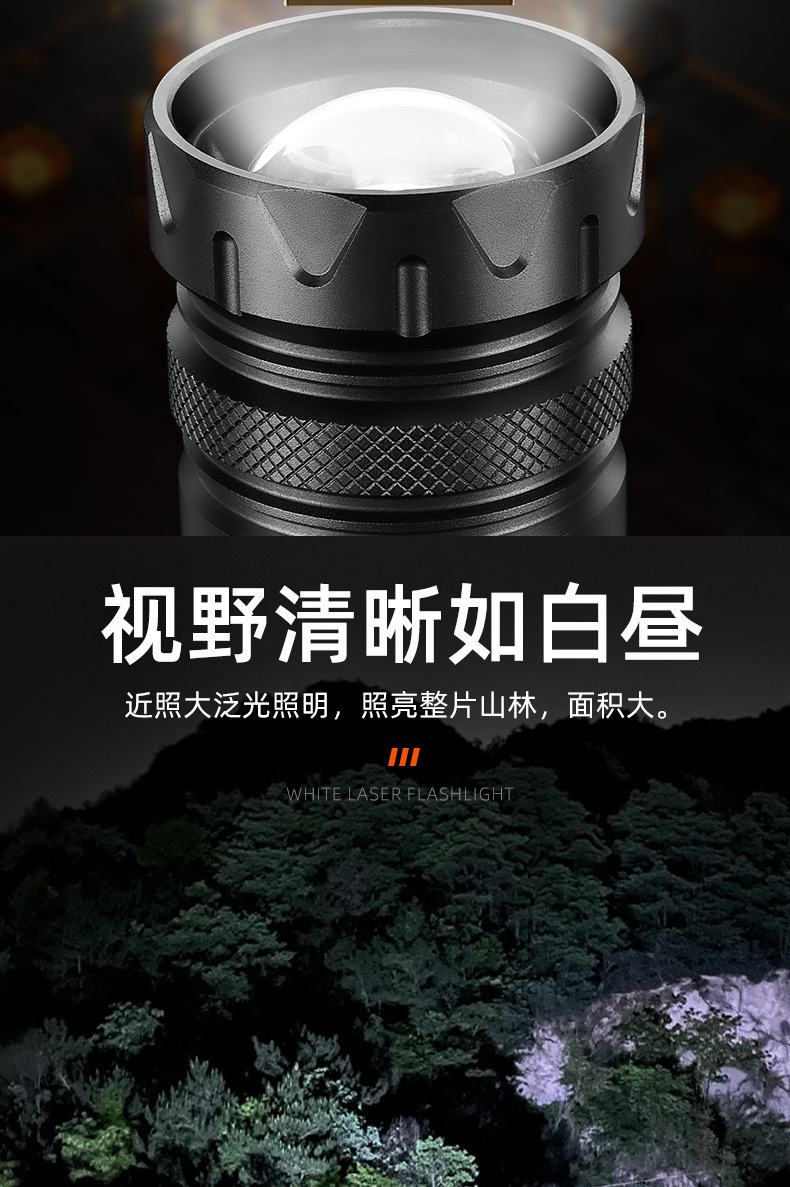 Cross-border digital display power indicator, high-brightness flashlight with zoom, long-range side light, floodlight for home emergency, outdoor hiking, cycling, rechargeable