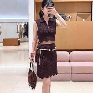 法式优雅26春夏新款翻领波浪形立体条纹针织背心+高腰半裙套装