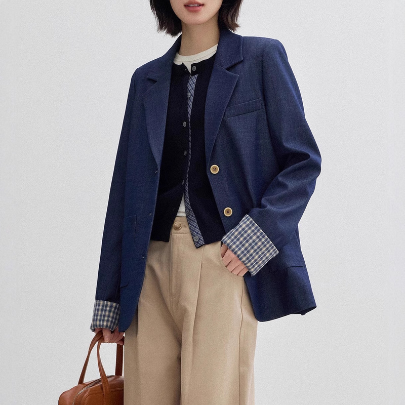 预售复古仿牛仔西装外套女2025秋季新款正肩休闲宽松通勤西服上衣|undefined
