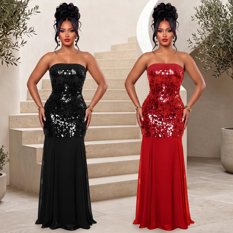 C7862 Cross-border 2026 new women's sexy sequin strapless long dress, slim-fit, elegant, and sophisticated evening gown C7862 Cross-border 2026 new women's sexy sequin strapless long dress, slim-fit, elegant, and sophisticated evening gown
