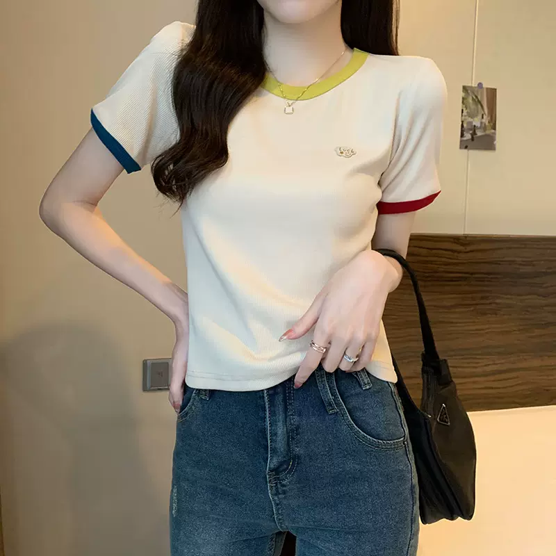 短袖t恤女小个子2025春夏新款设计感修身内搭针织上衣正肩打底衫